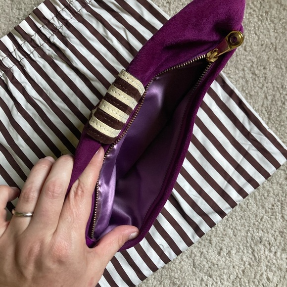 Henri Bendel Vibrant Purple suede Clutch with Striped Accent and Button Buckle - Picture 6 of 8